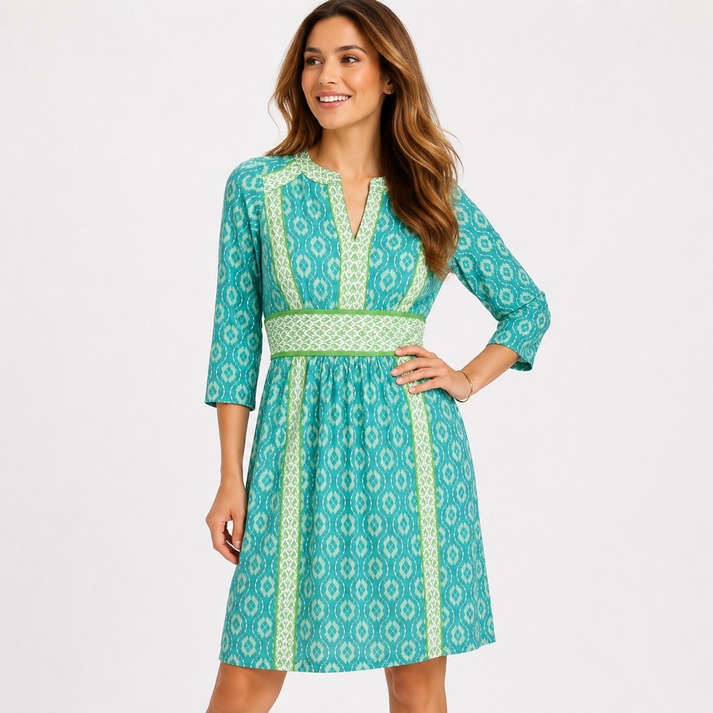 J McLaughlin Teal Green Ikat Print V Neck Tunic Dress Size Small